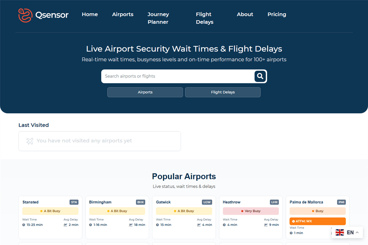 Qsensor live airport security wait times and flight delays homepage
