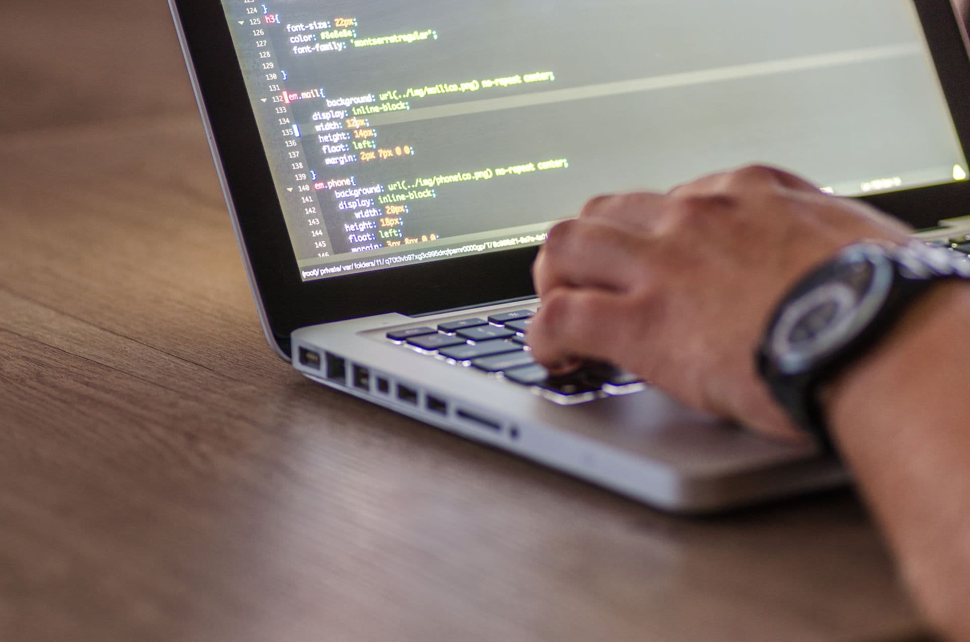 Developer typing CSS code on a laptop for a WordPress development project
